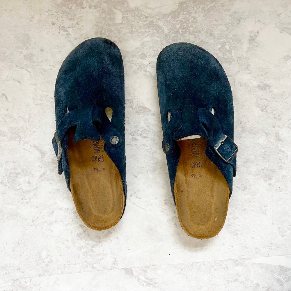 Birkenstock Boston Night Blue Navy Clogs 42 Leather Suede Soft Footbed Mules - Picture 5 of 7